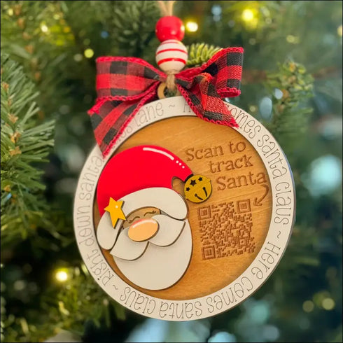 Santa Tracker Wooden Christmas Ornament with QR code for custom holiday decor